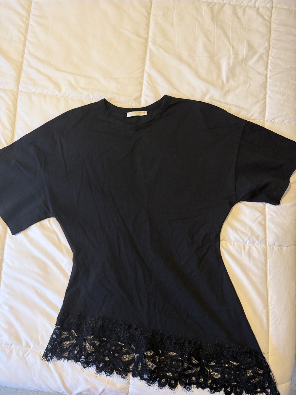 Zara Black Short Sleeve Tee with Lace Hem